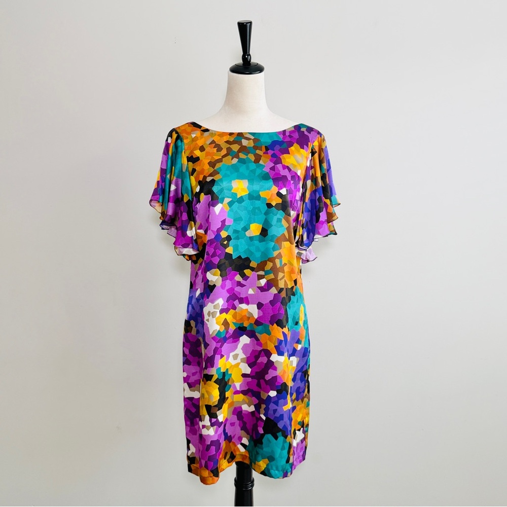 Trina Turk Dress Sz 6 Silk Kaleidoscope Flutter Sleeve Sheath Mini